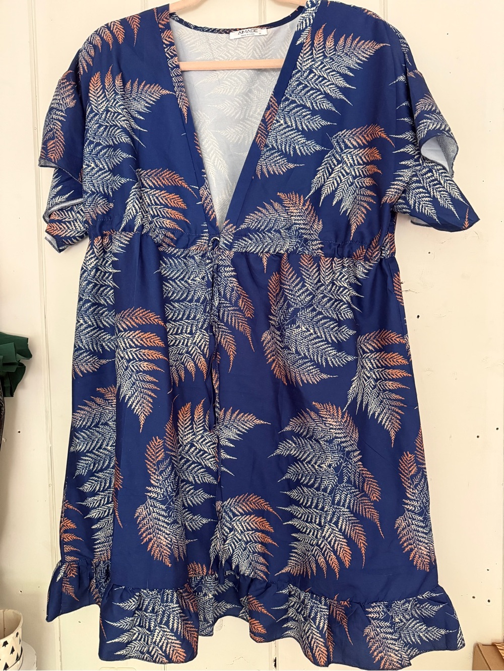 Navy Fern-Print Swim Coverup Dress